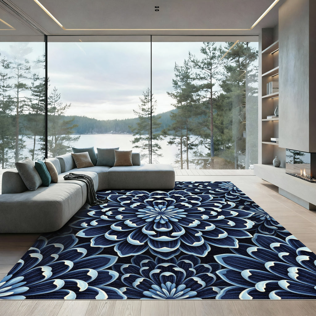 Deep Blue Floral Petal Arrangement Rug