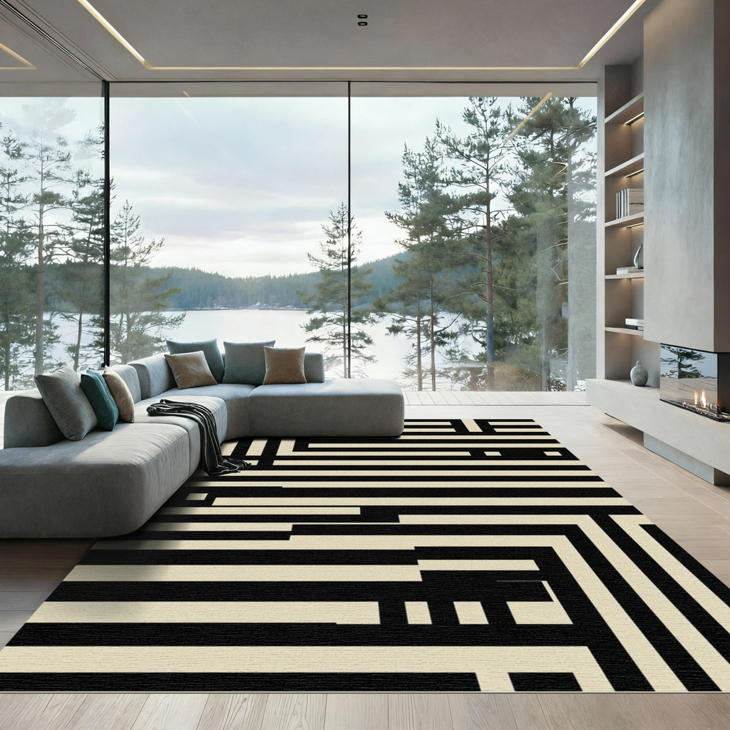Modern Monochrome Linear Geometric Abstract Rug