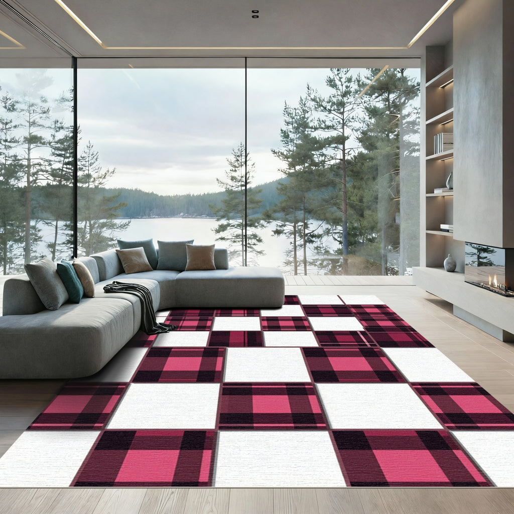 Modern Burgundy Plaid Checkerboard Block Rug