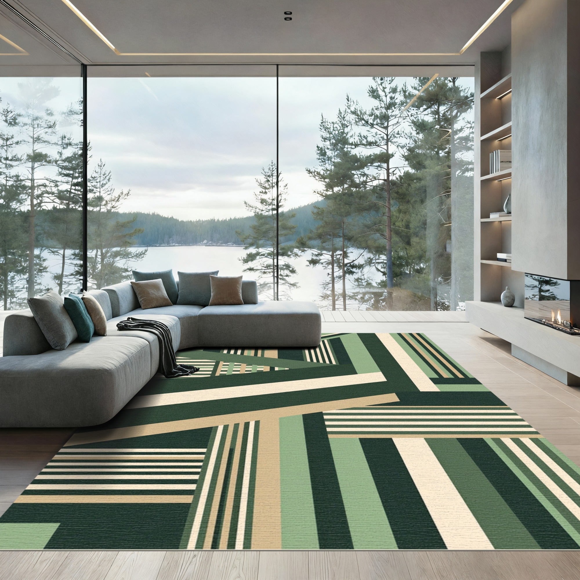 Modern Geometric Sage and Olive Stripe Rug