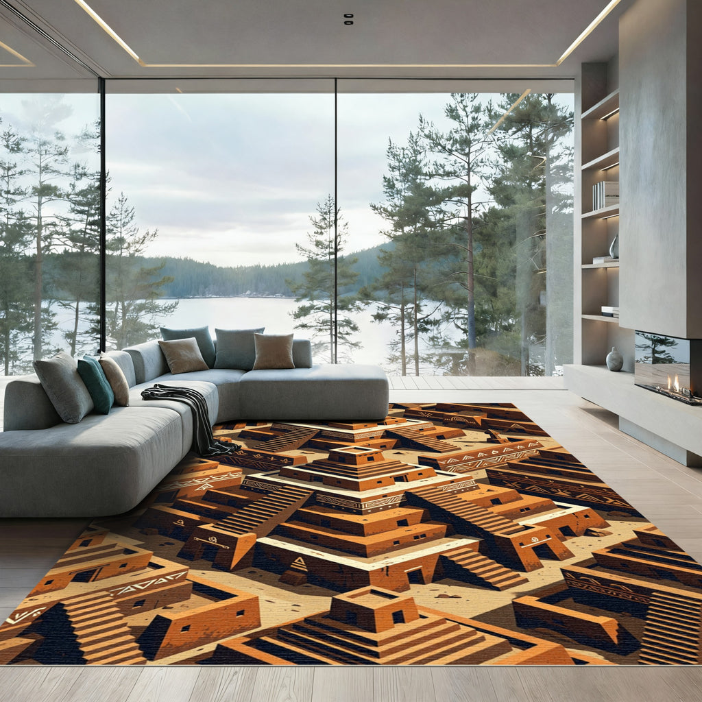 Terracotta Isometric Ziggurat Geometric Earth Rug