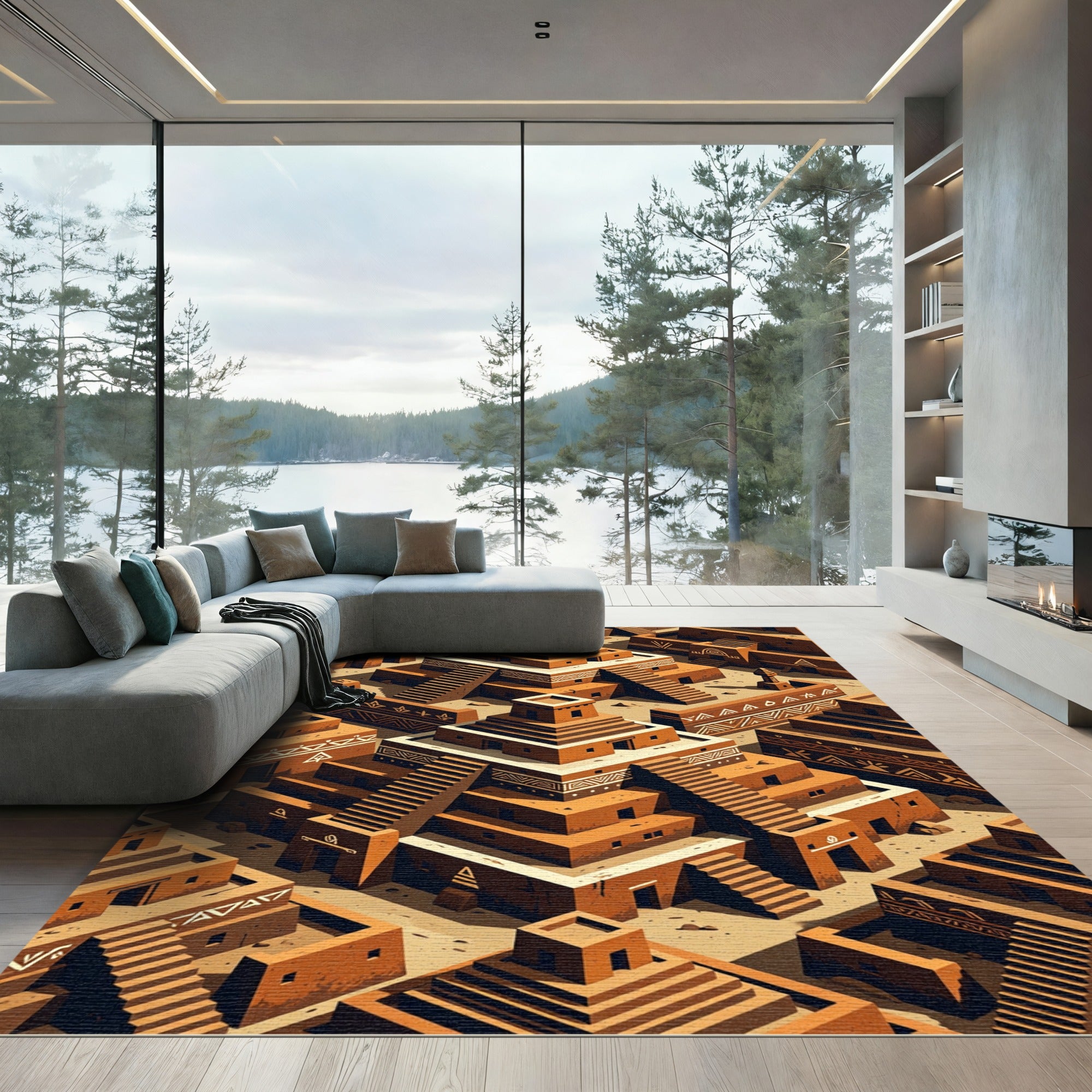 Terracotta Isometric Ziggurat Geometric Earth Rug