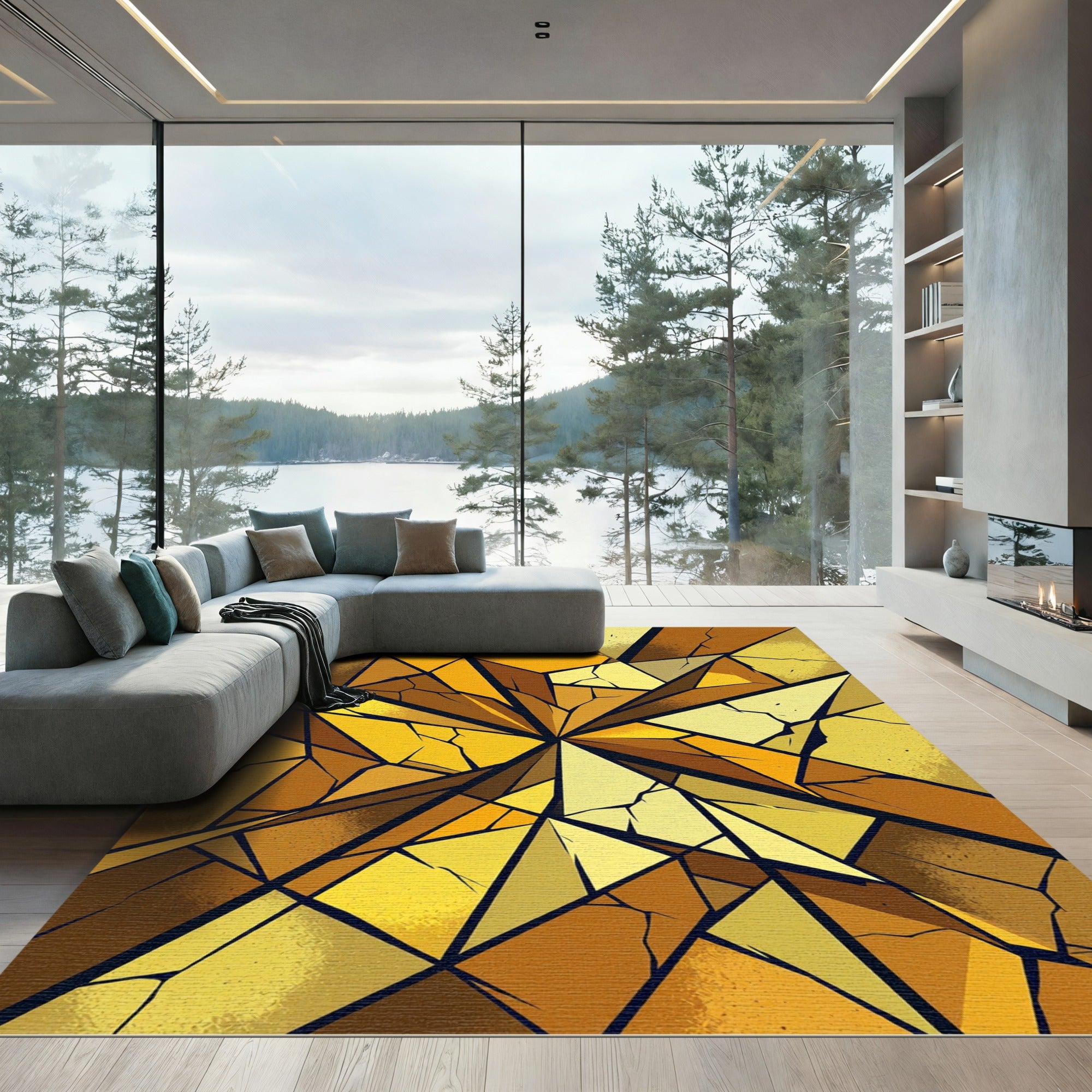 Golden Shattered Geometric Abstract Glass Rug