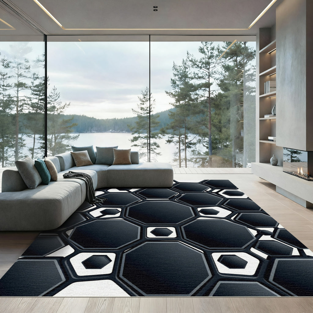 Chic Black Geometric Hexagon Cluster Rug