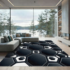 Chic Black Geometric Hexagon Cluster Rug