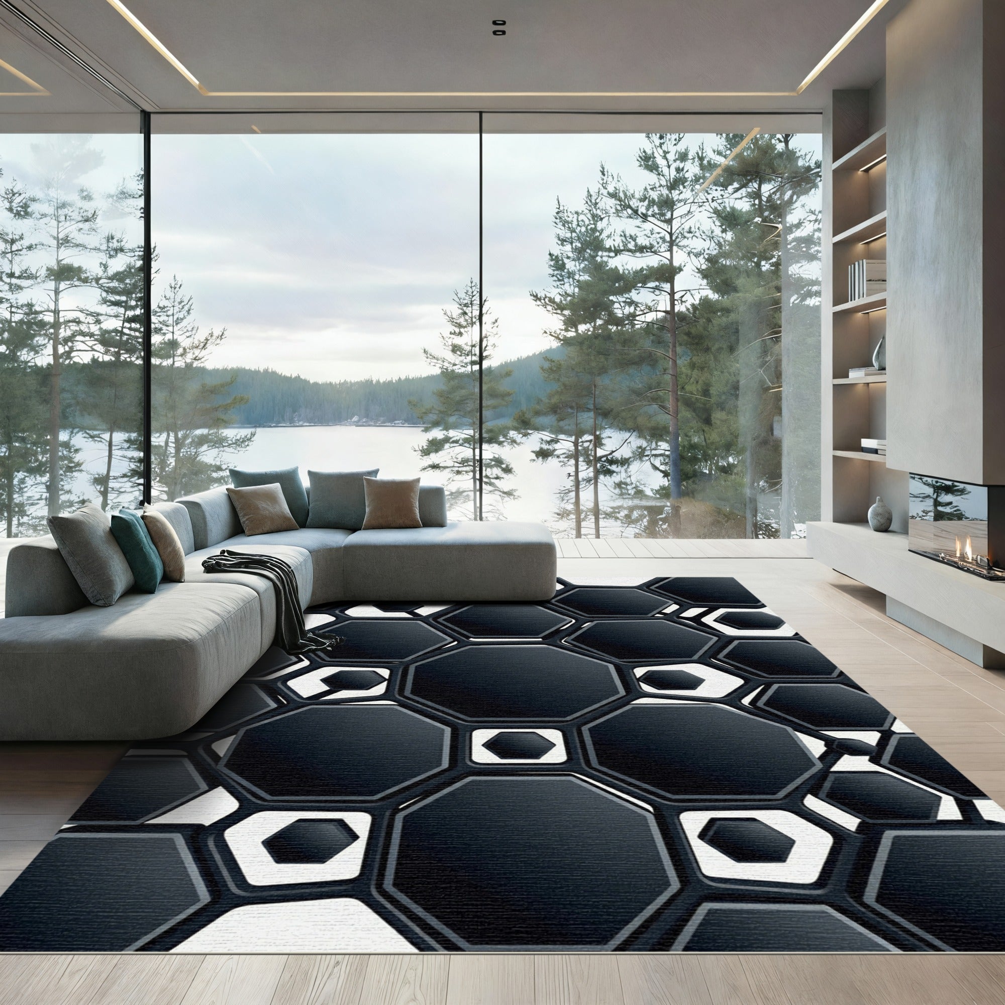 Chic Black Geometric Hexagon Cluster Rug