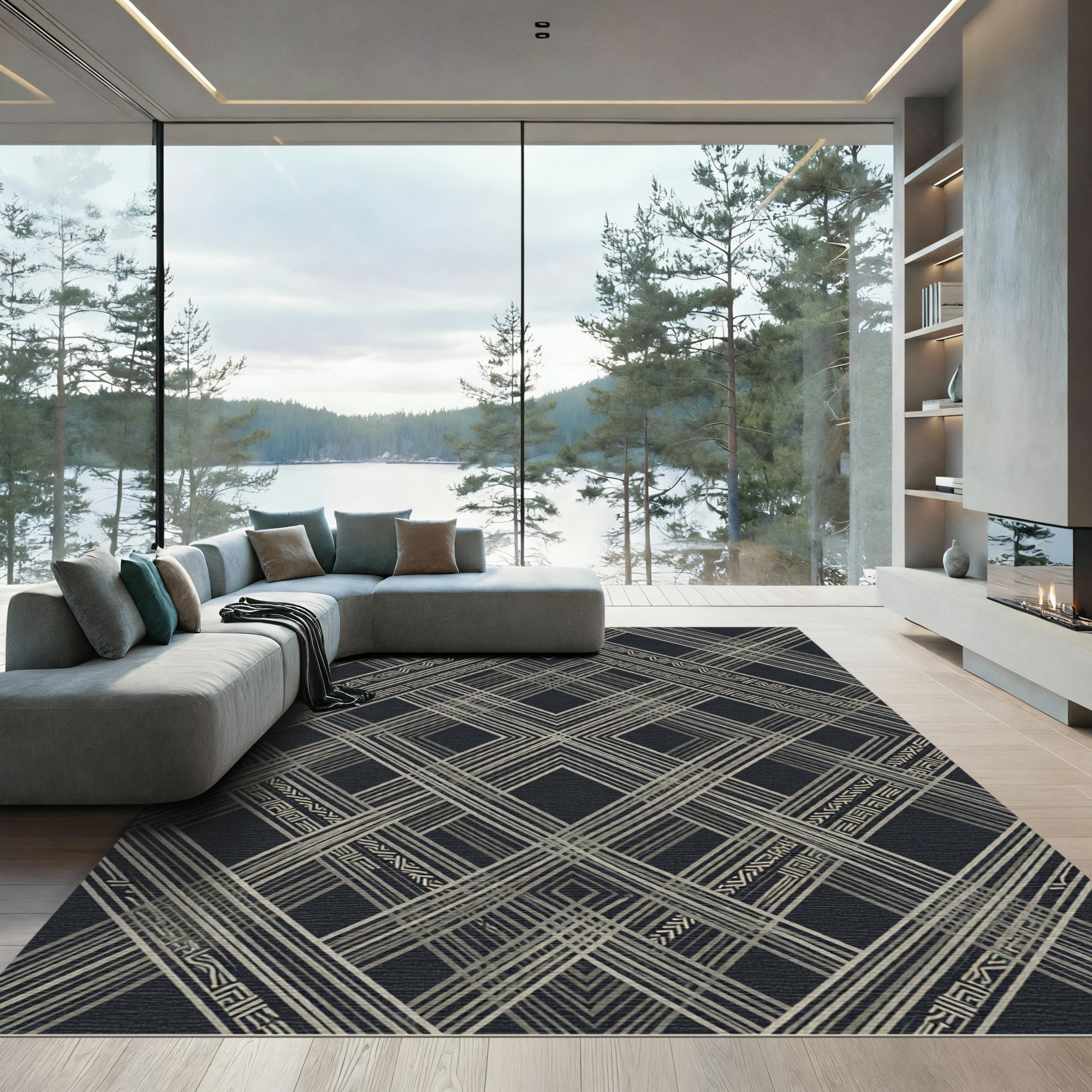 Art Deco Black and Gold Geometric Grid Rug