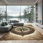 Ornate Golden Nautical Compass Medallion Rug