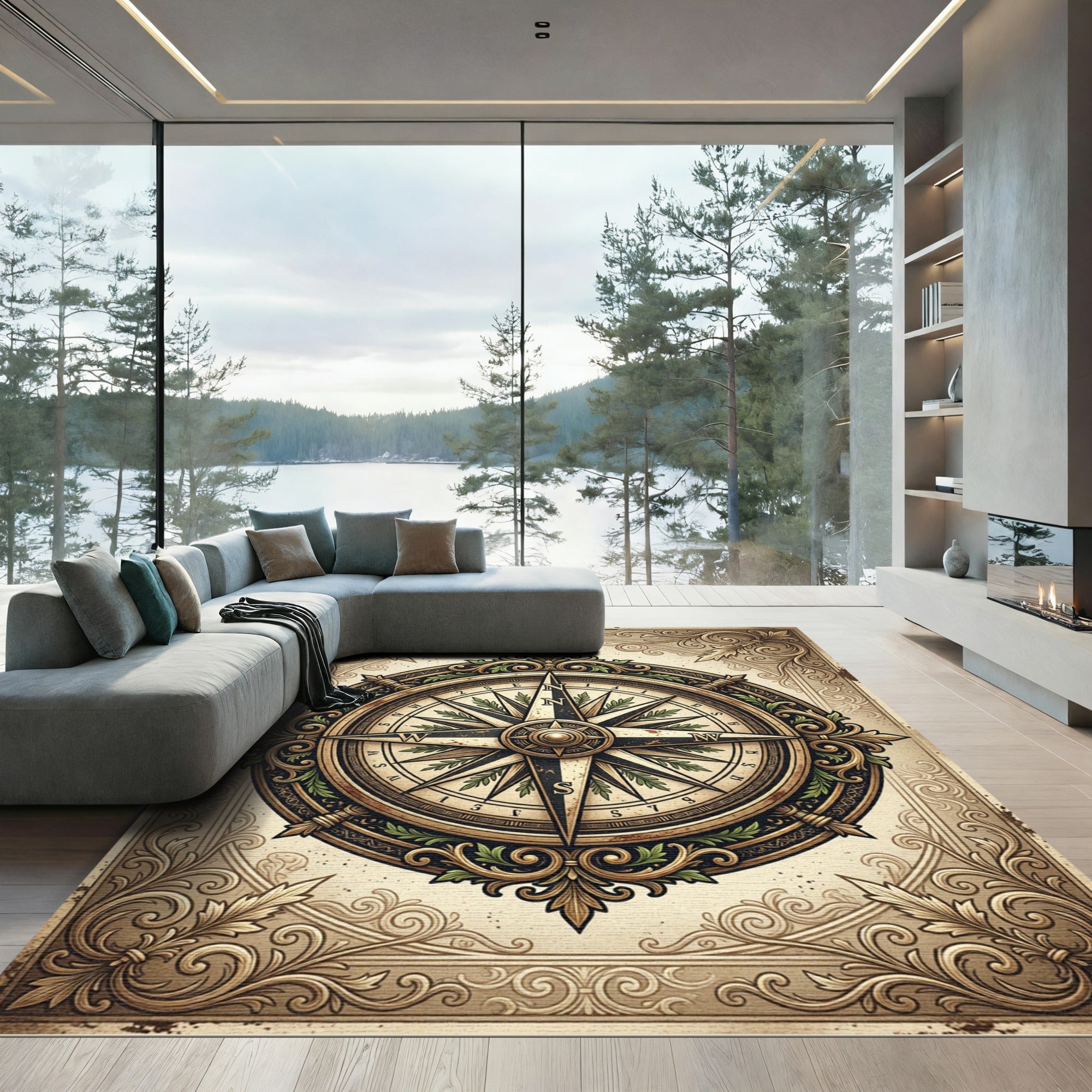 Ornate Golden Nautical Compass Medallion Rug