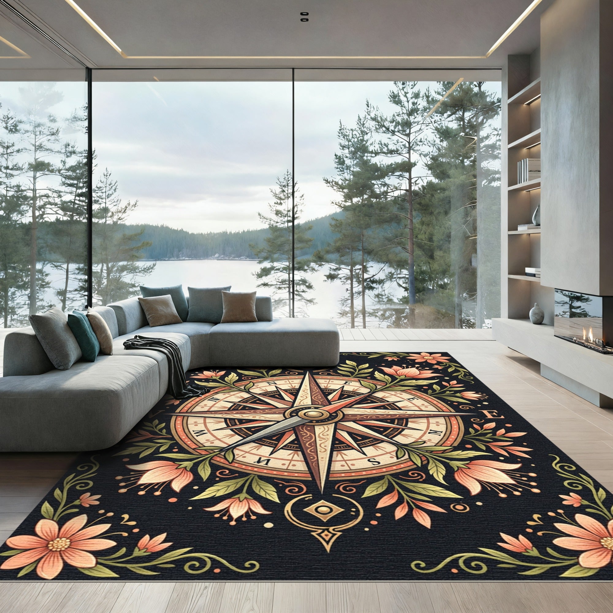 Vintage Compass Floral Border Rug