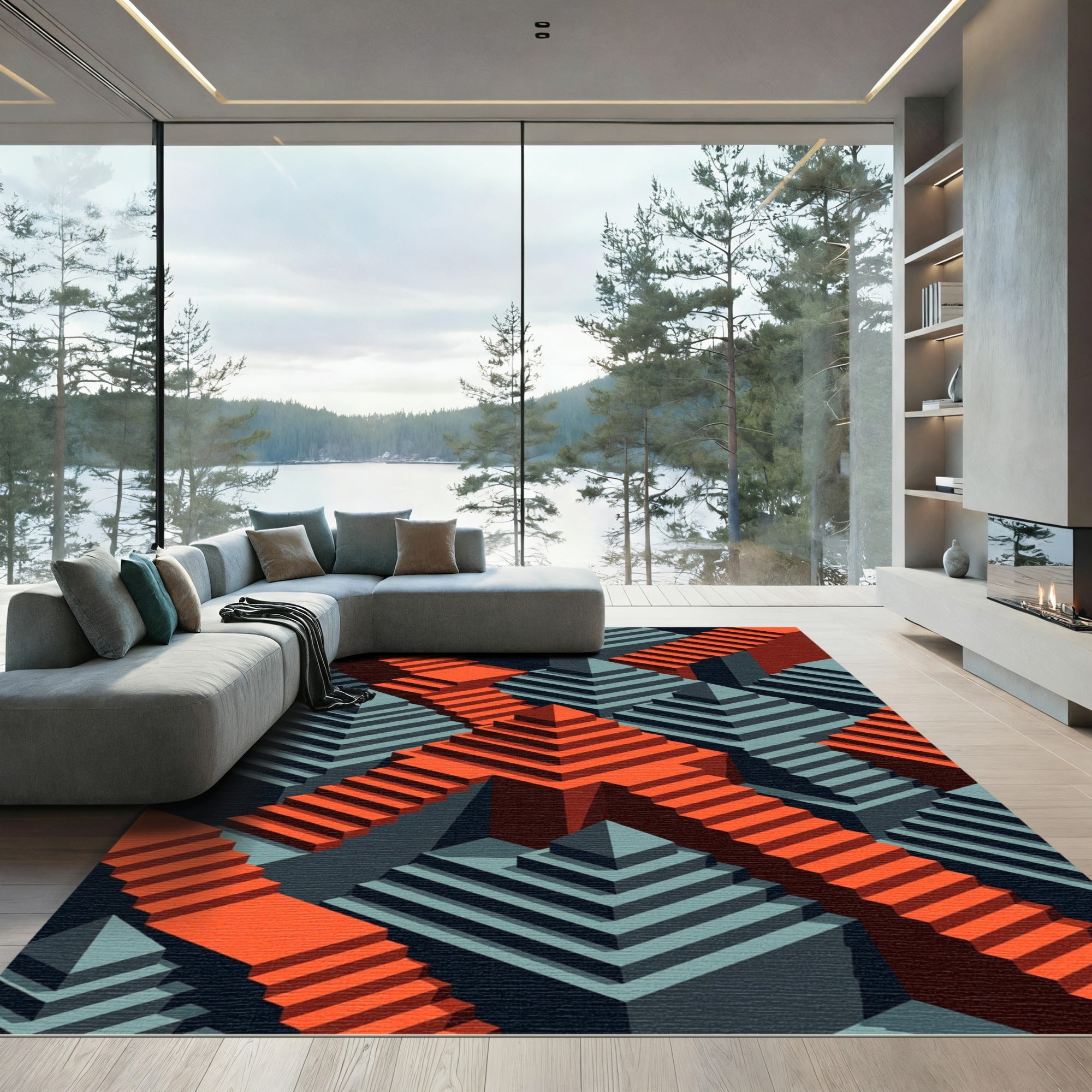 Crimson Orange Staircase Illusion Rug