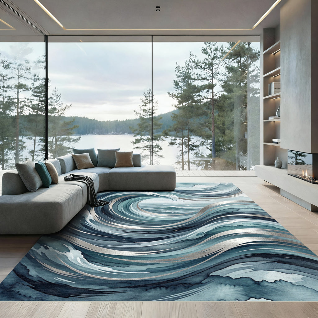 Deep Blue Watercolor Wave Art Rug