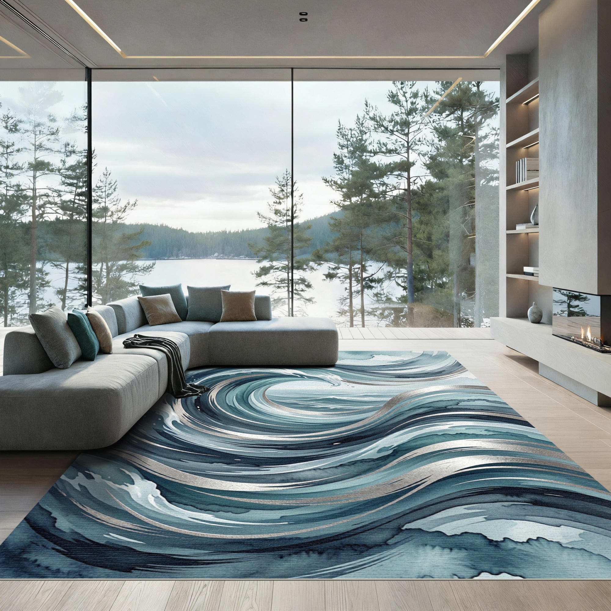 Deep Blue Watercolor Wave Art Rug