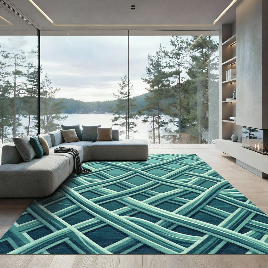 Interlocking Teal Curved Geometric Grid Rug