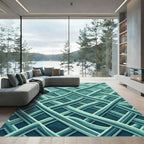 Interlocking Teal Curved Geometric Grid Rug