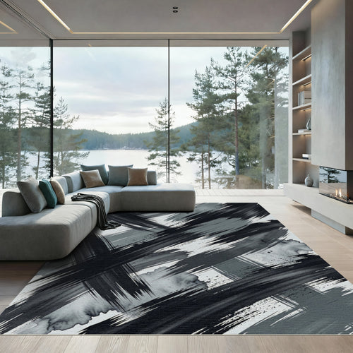 Abstract Monochrome Black Brush Stroke Art Rug