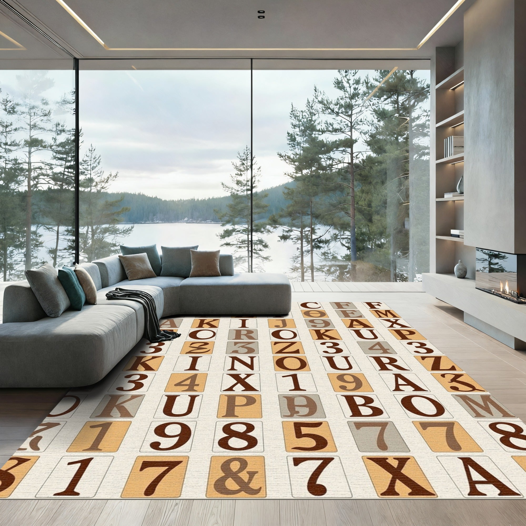 Vintage Alphabet Grid Brown Rug