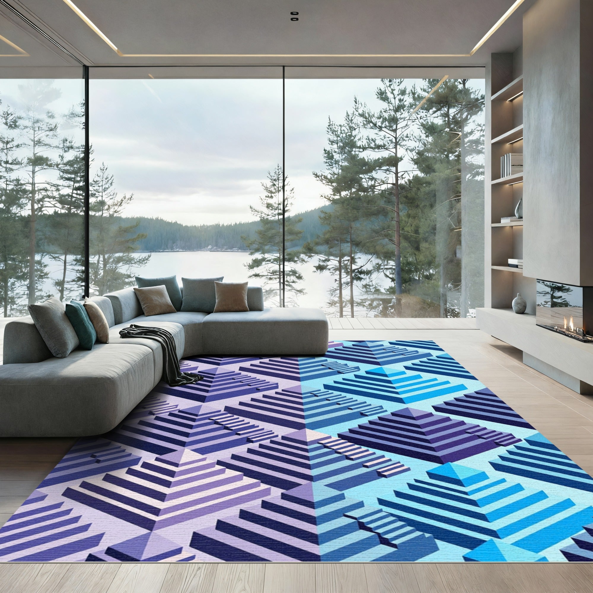 3D Geometric Staircase Purple Blue Rug