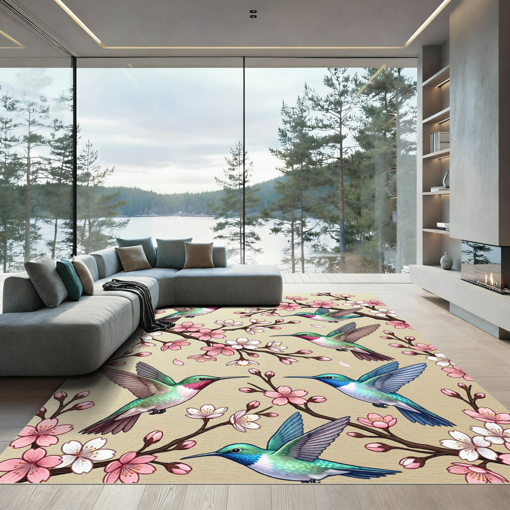 Hummingbird Cherry Blossom Botanical Art Rug