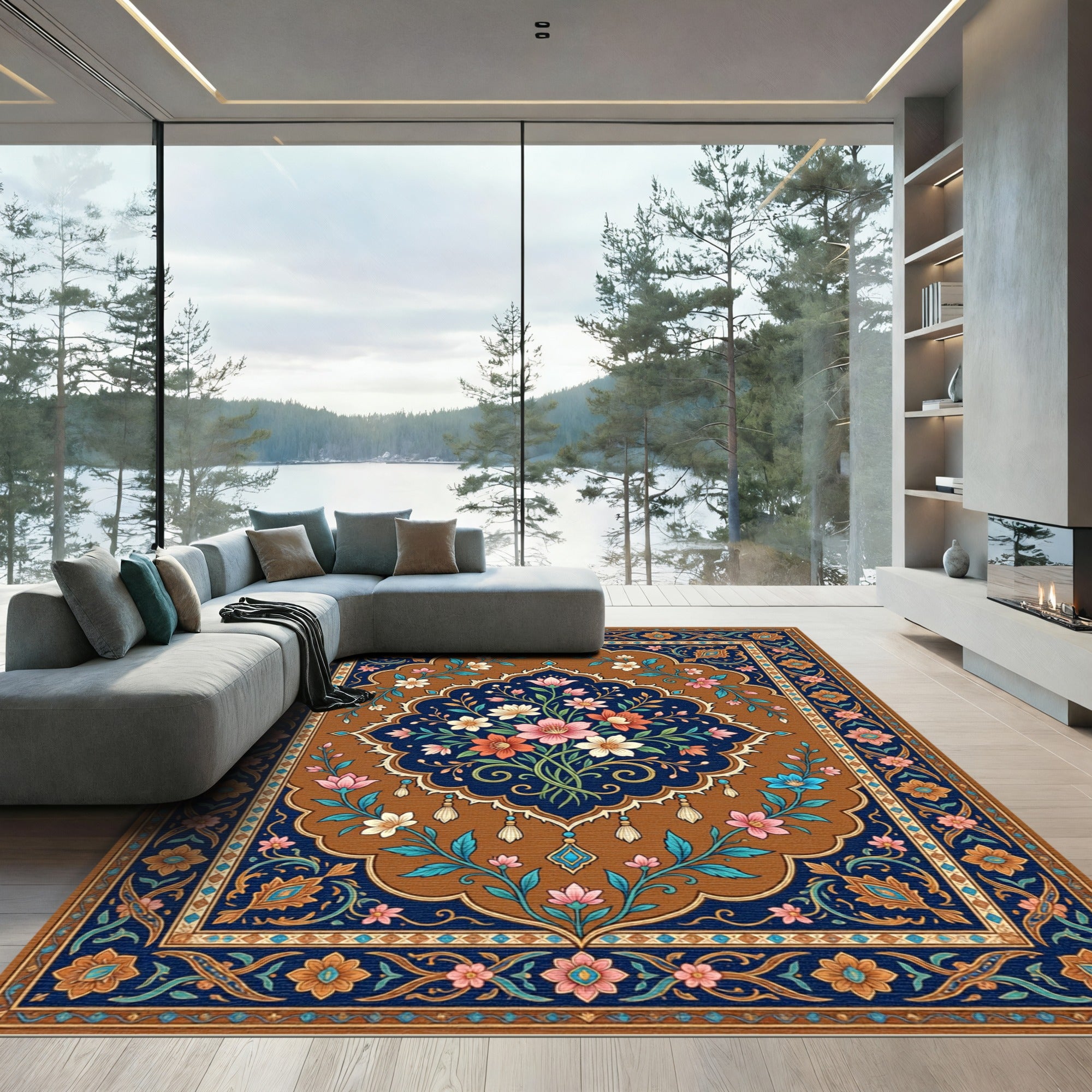 Floral Medallion Navy and Bronze Bouquet Rug