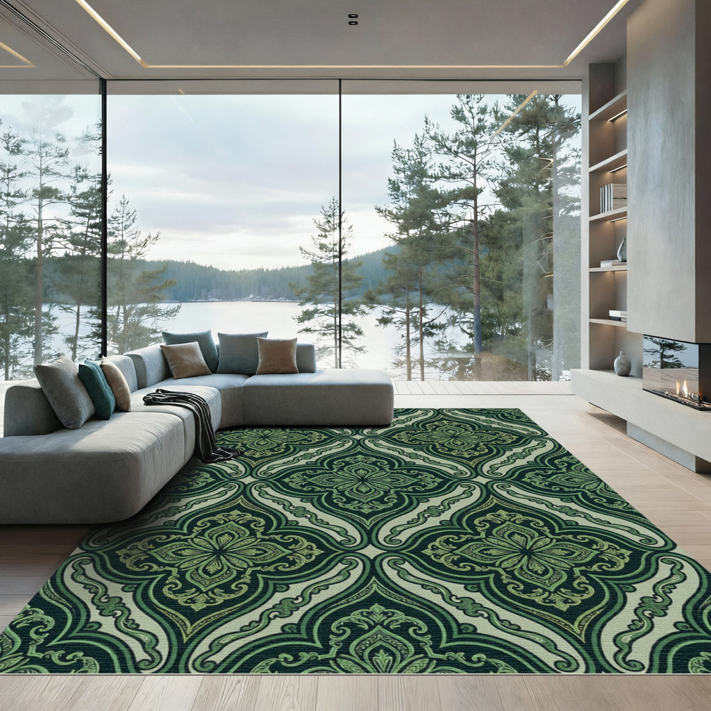 Earthy Green Palmette Arabesque Rug