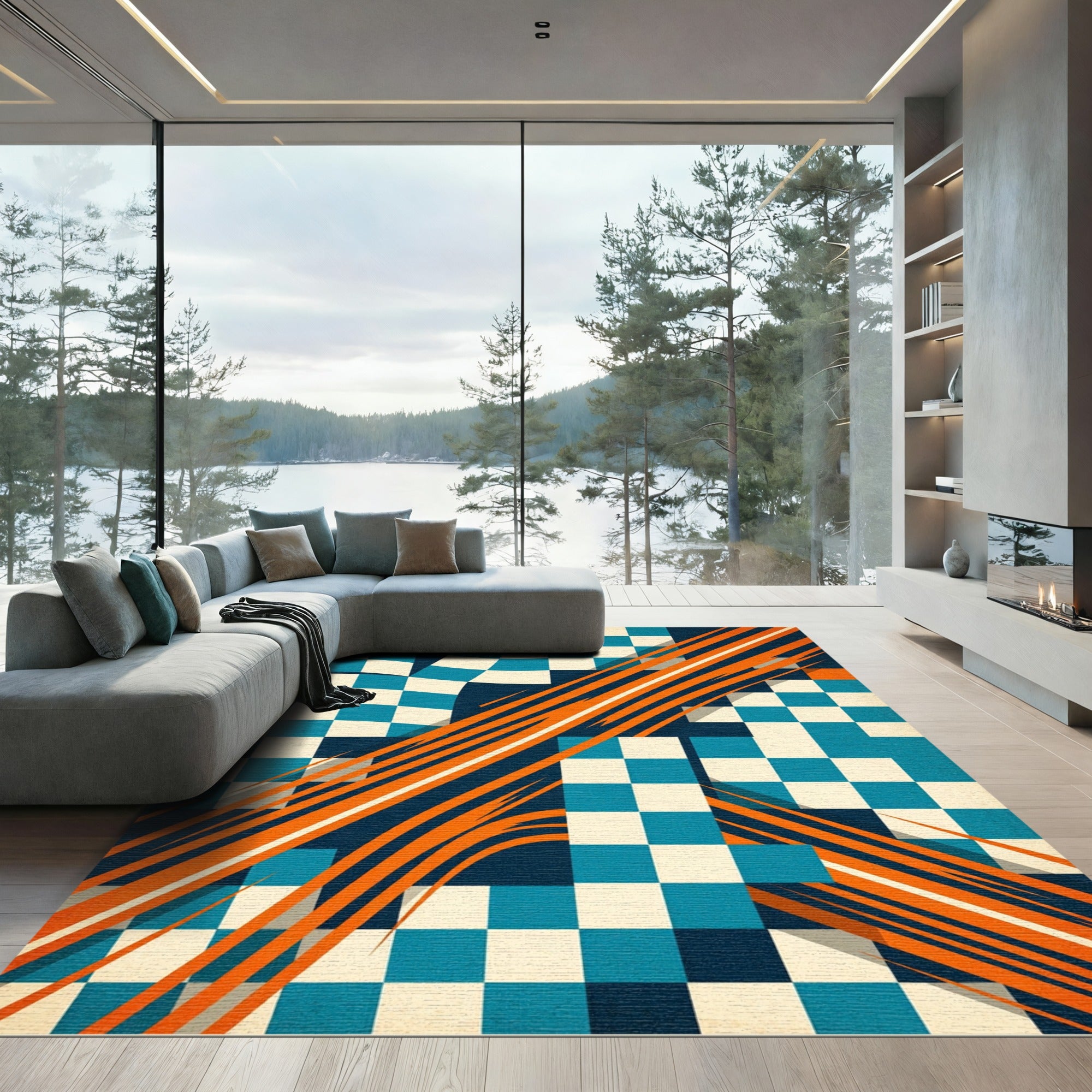 Mid-Century Teal Orange Checkered Streamline Rug