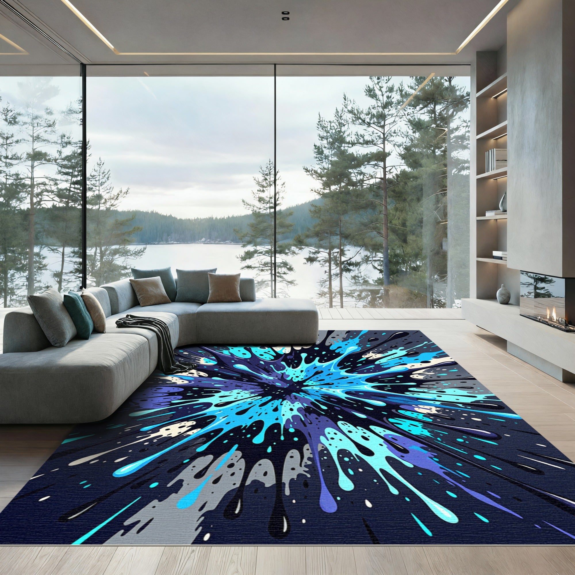 Vibrant Blue Splatter Explosion Abstraction Rug