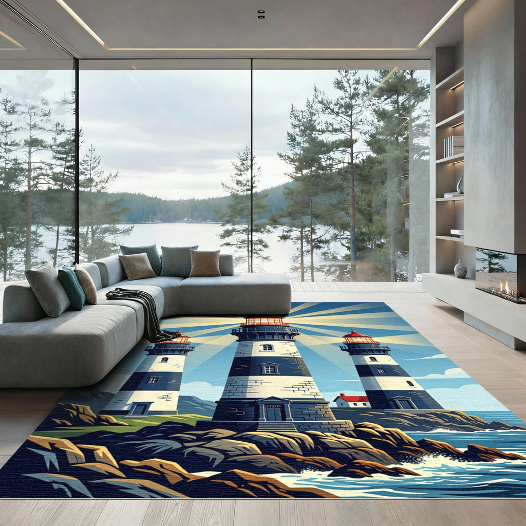 Coastal Triple Lighthouses Radiating Light Rug