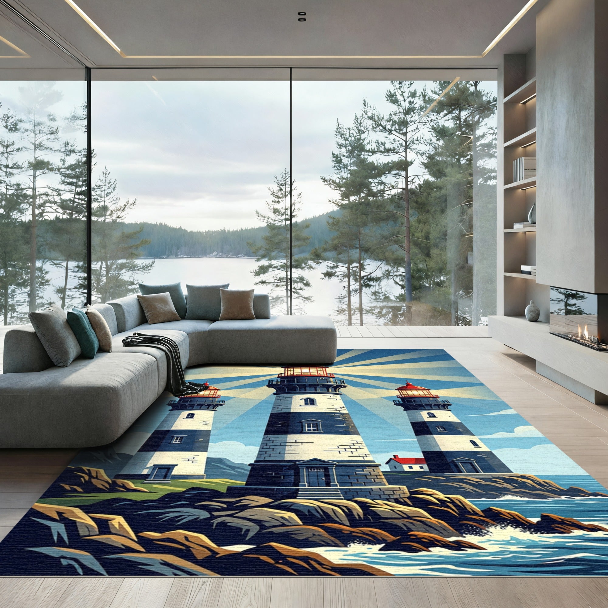 Coastal Triple Lighthouses Radiating Light Rug