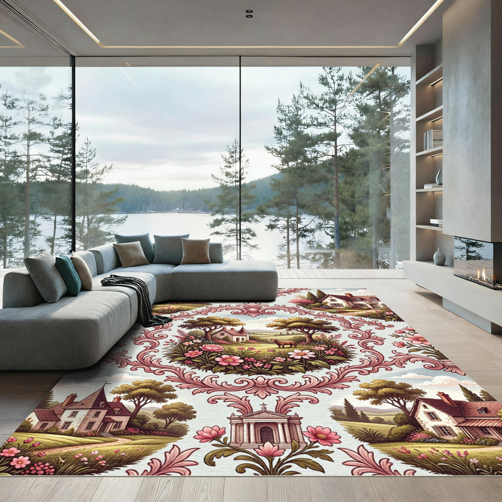 Ornate Rural Pink Chinoiserie Landscape Rug
