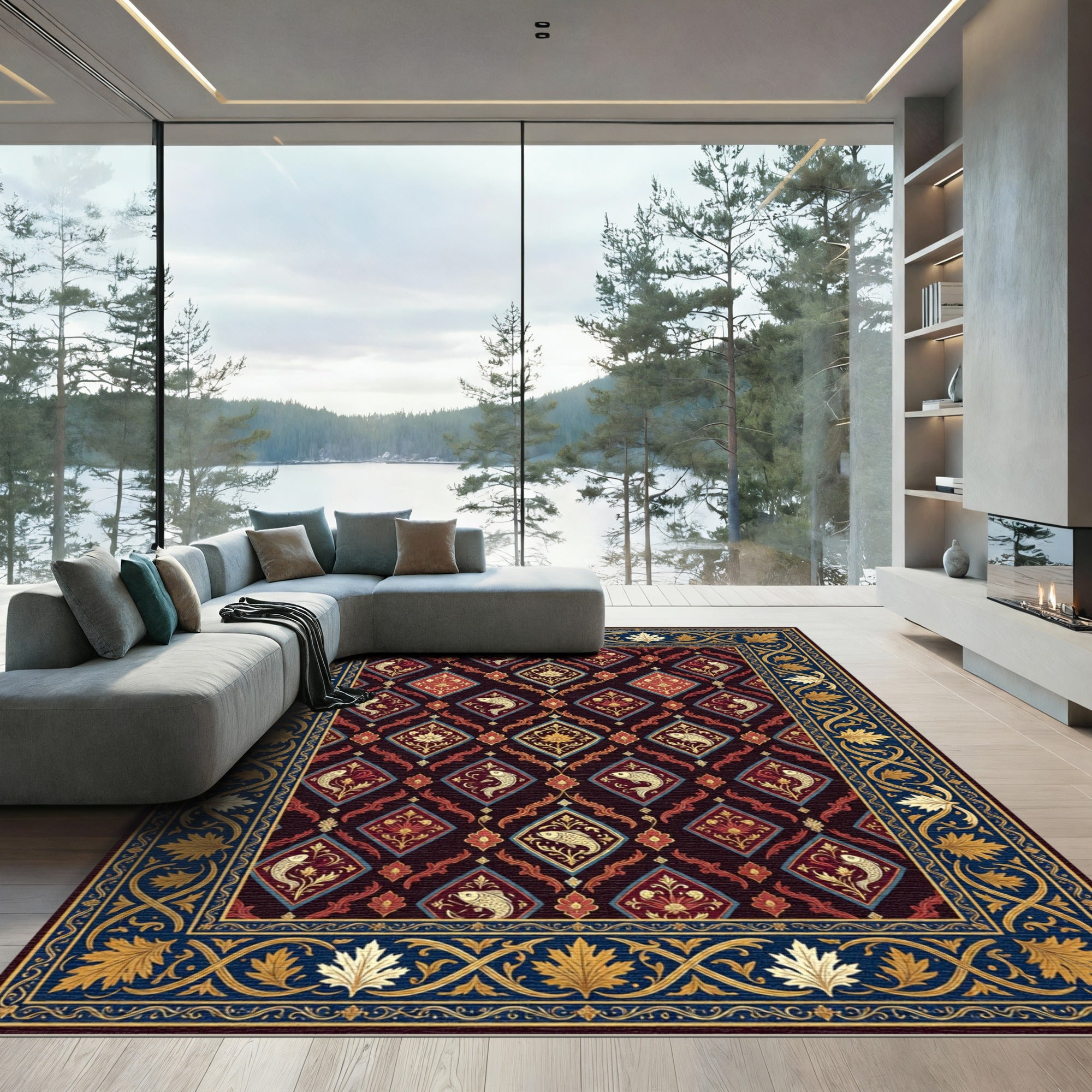 Ornate Golden Fish Crimson Diamond Tapestry Rug