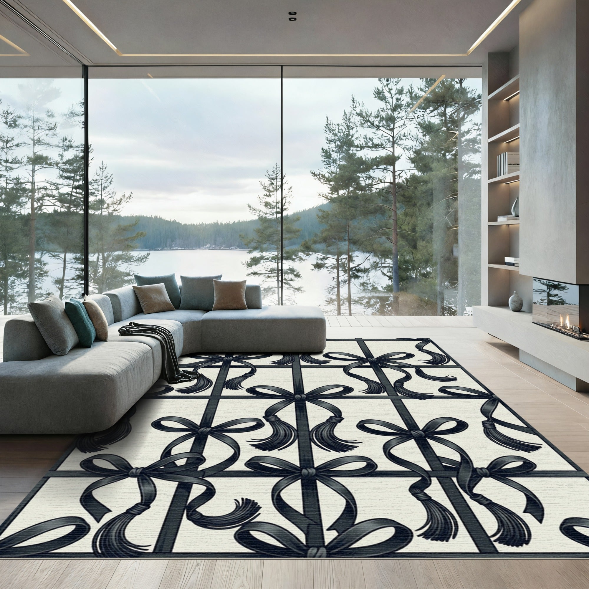 Elegant Black Bows and Tassels Grid Rug