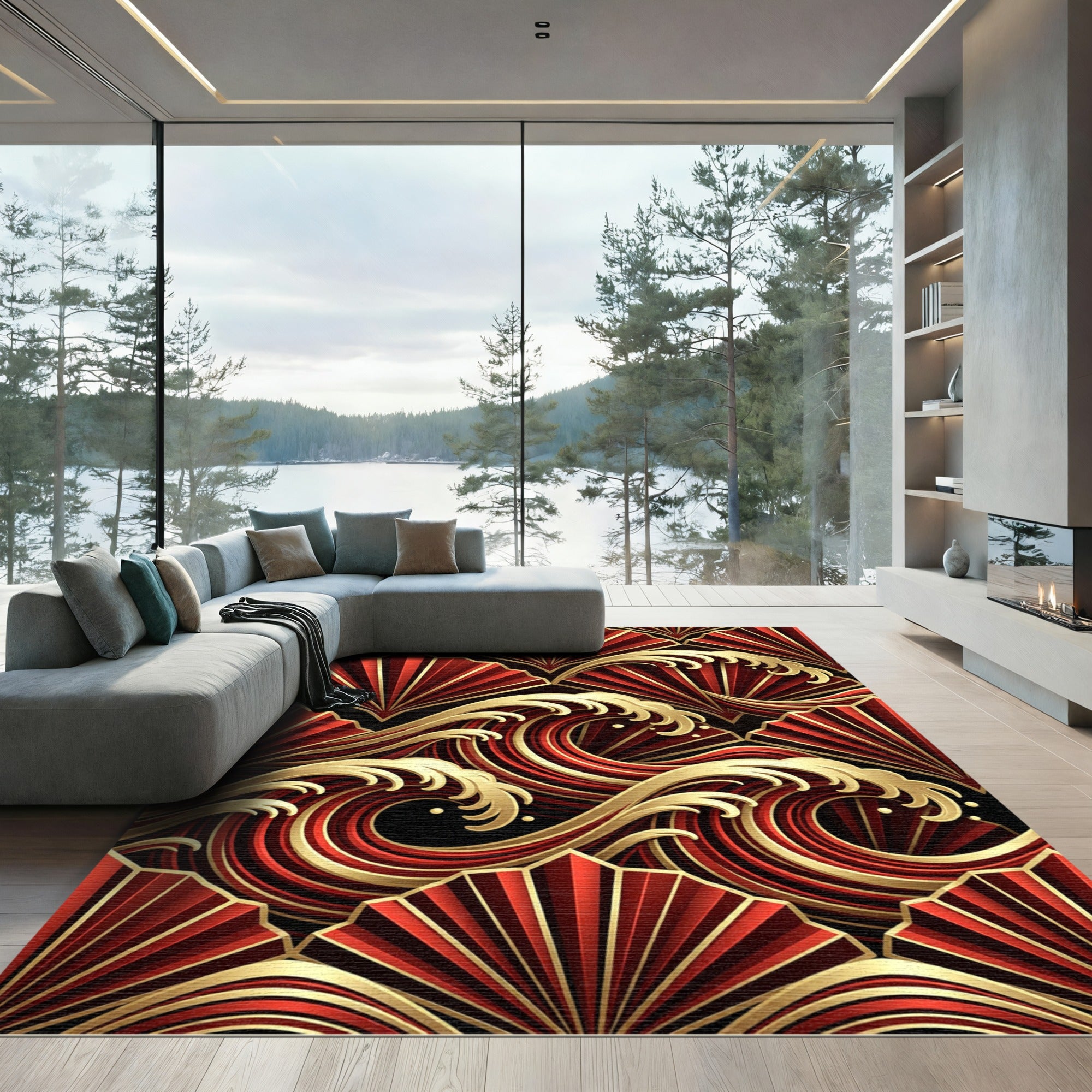 Crimson Gold Fan Wave Composition Rug