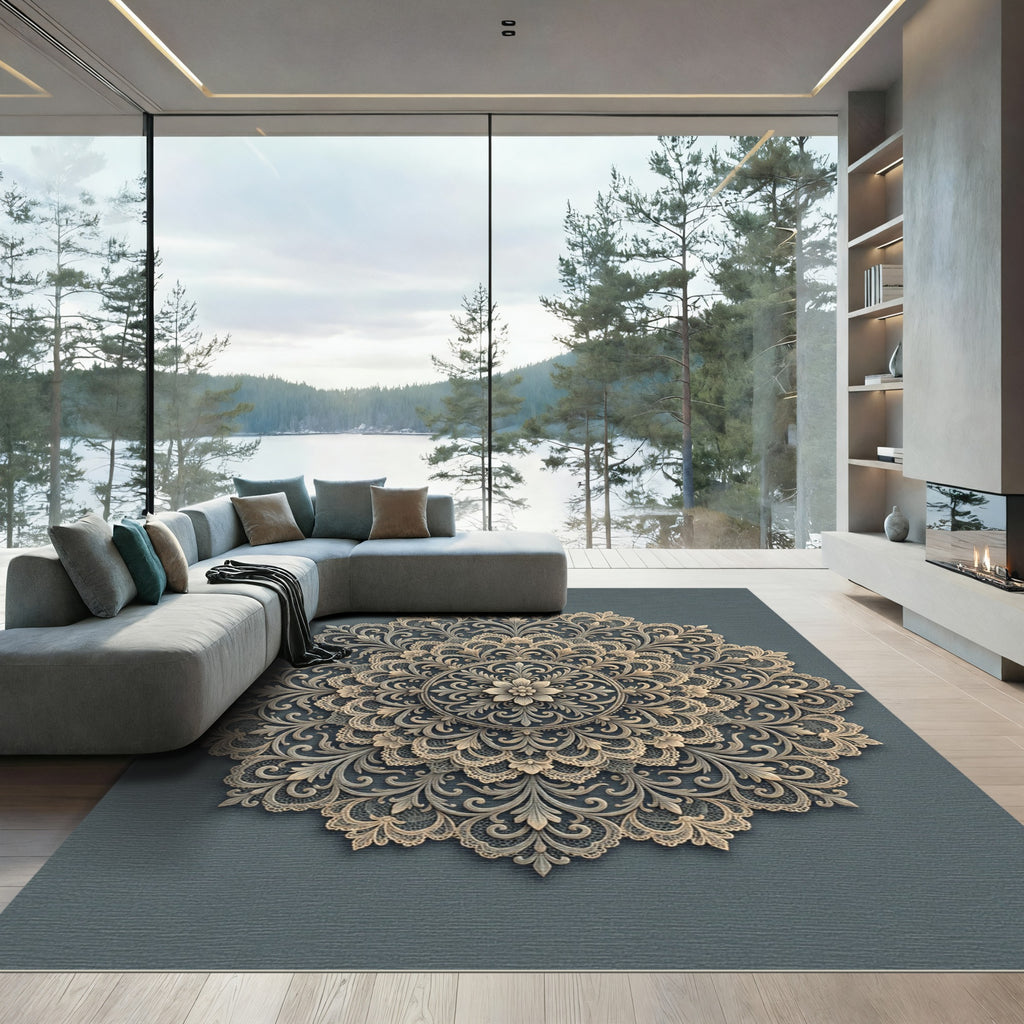 Elegant Beige Floral Lace Medallion Rug