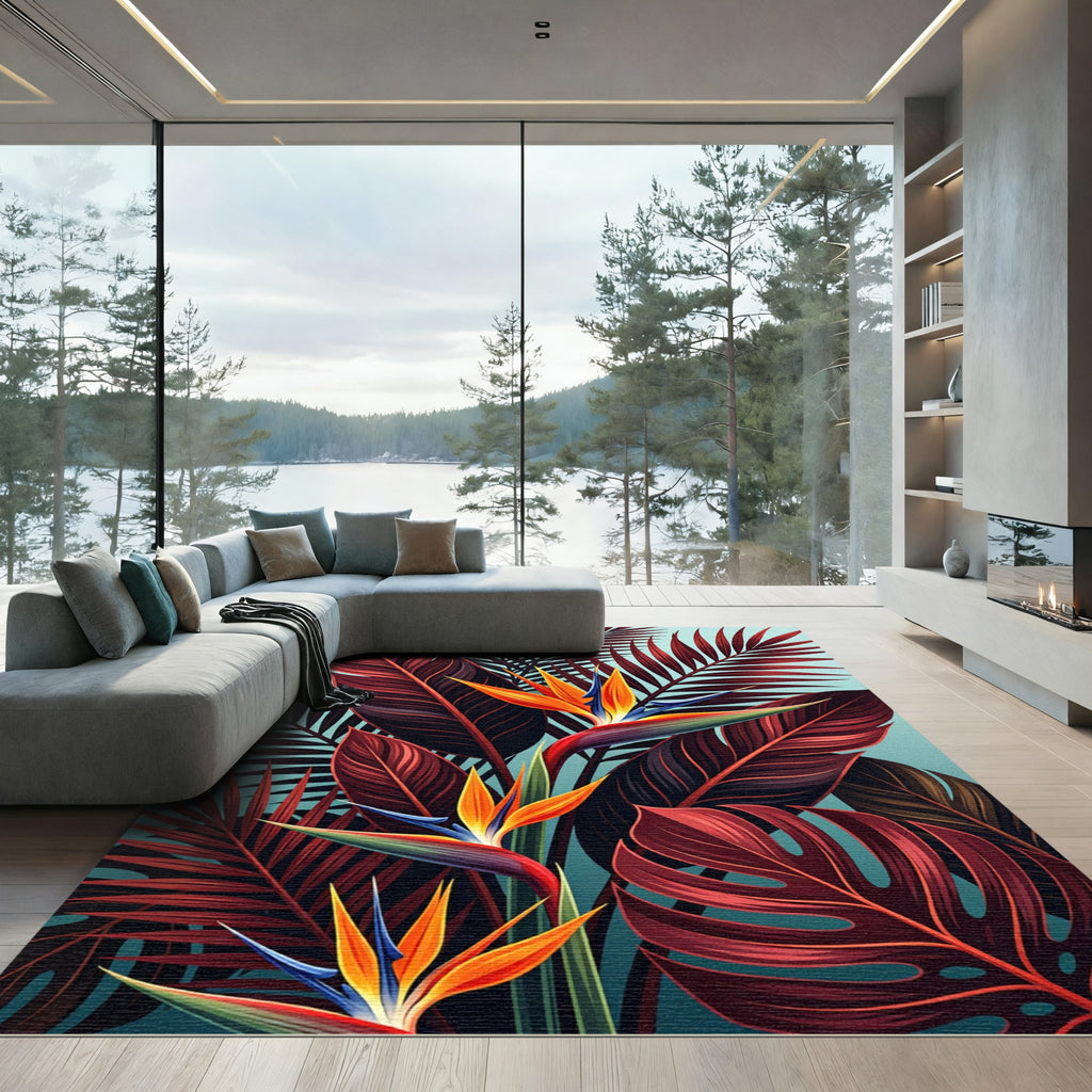 Vibrant Red Tropical Bird of Paradise Leaves Rug