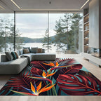 Vibrant Red Tropical Bird of Paradise Leaves Rug