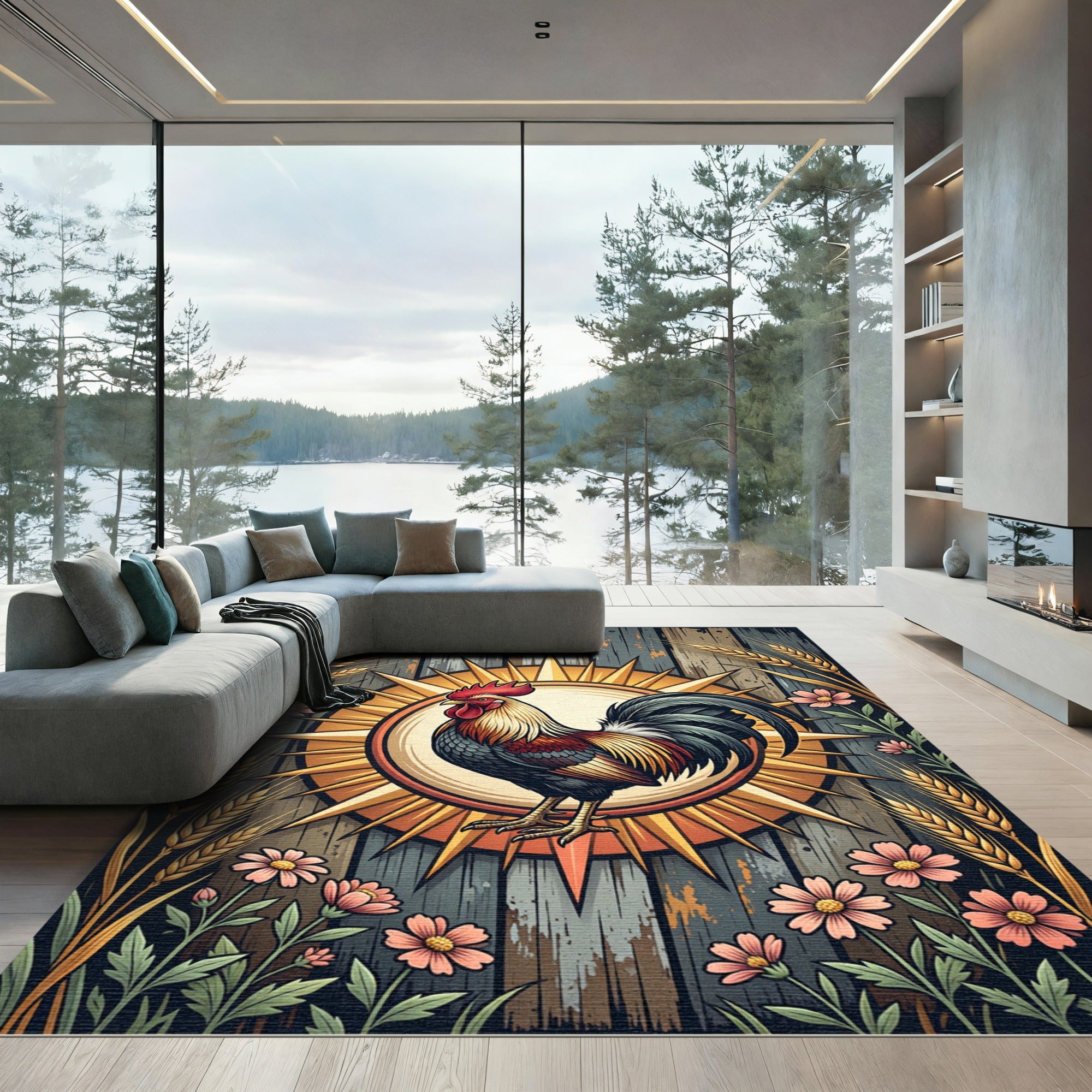 Rustic Rooster Sunburst Wheat Floral Rug