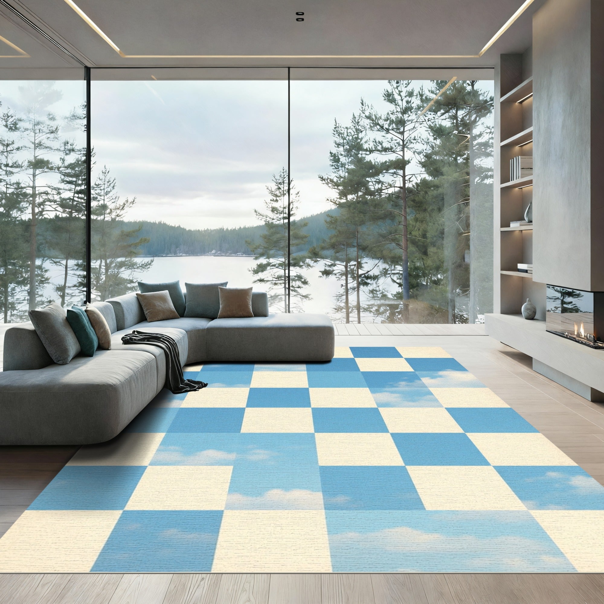 Blue And Cream Sky Checkers Rug