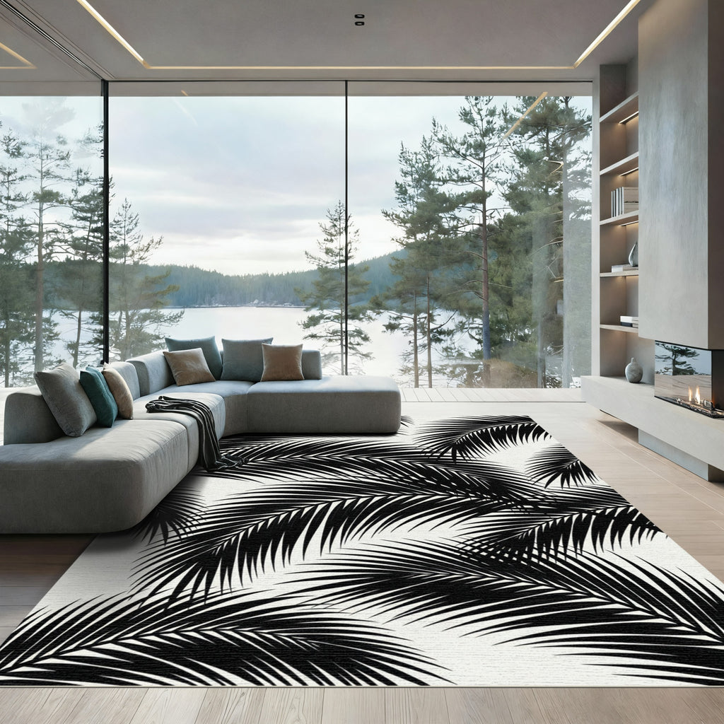 Monochrome Tropical Palm Leaf Rug