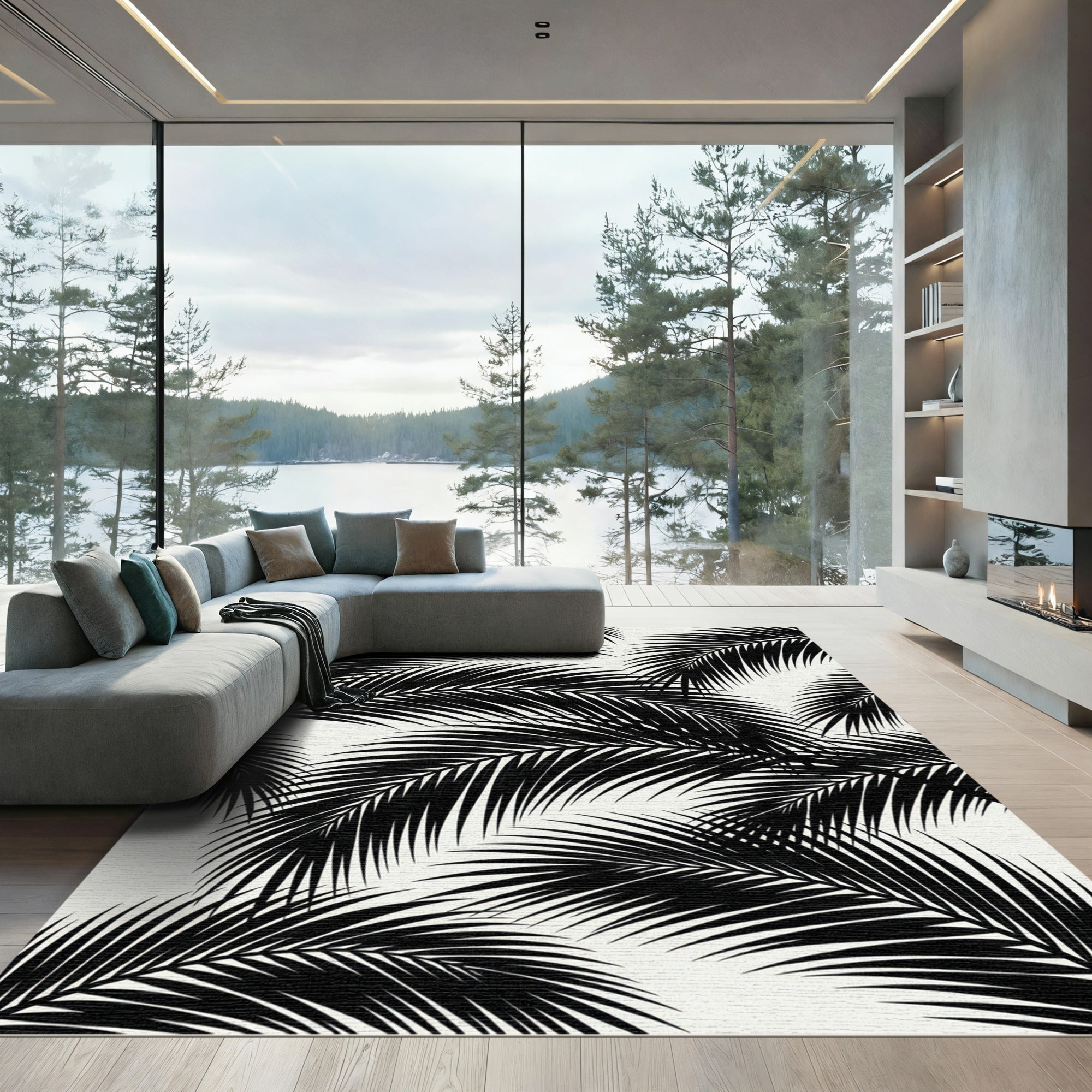 Monochrome Tropical Palm Leaf Rug