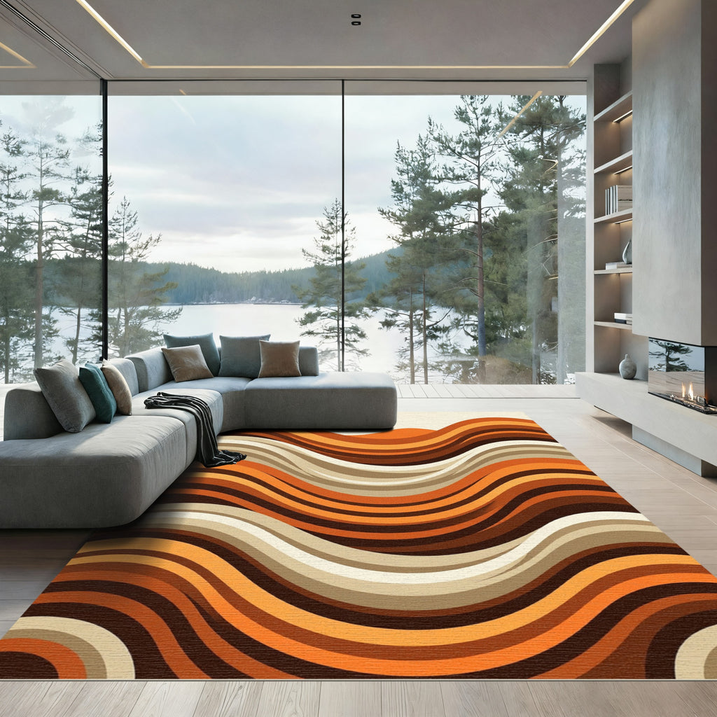 Retro Wavy Burnt Orange Brown Swirl Rug