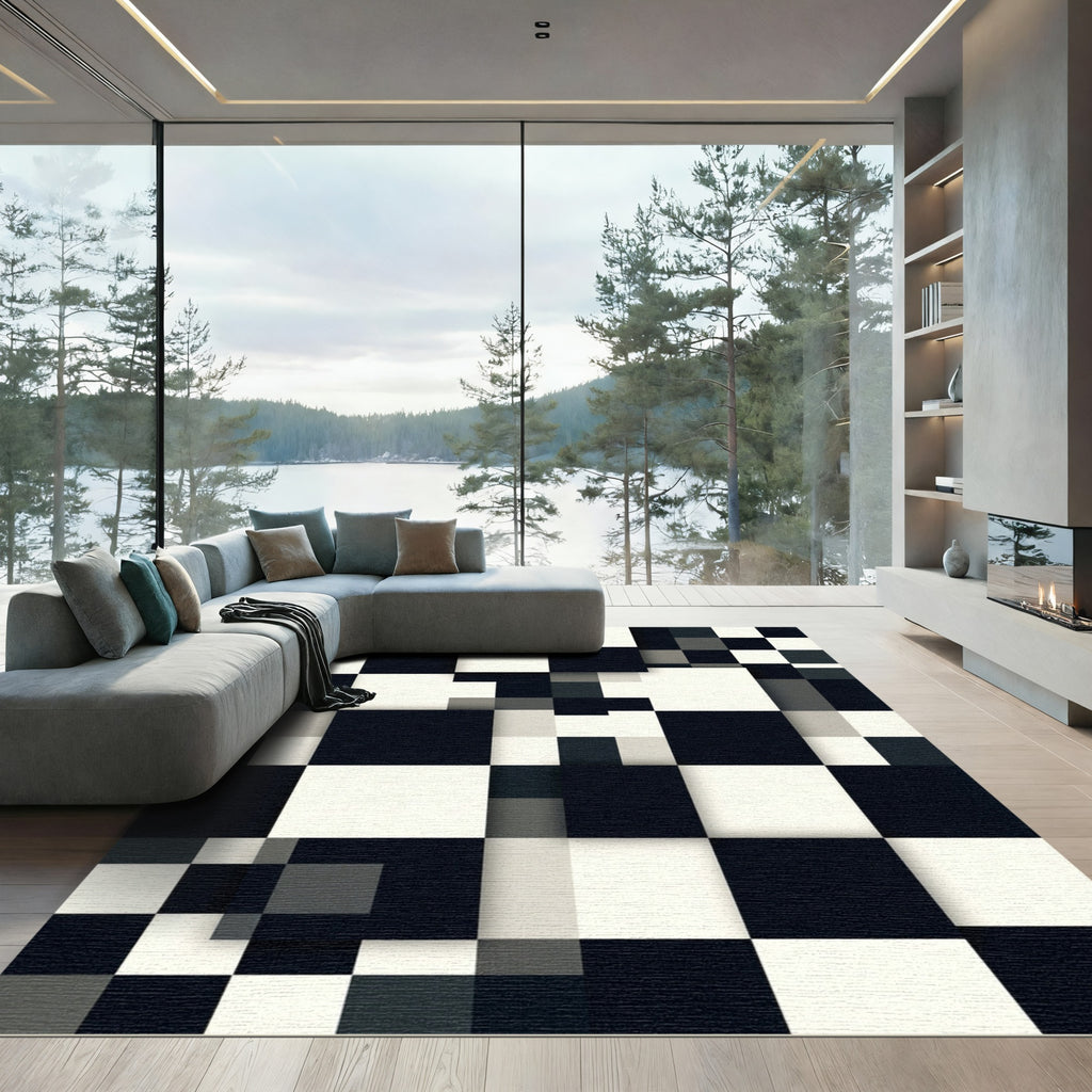 Monochrome Geometric Blocks Overlay Rug