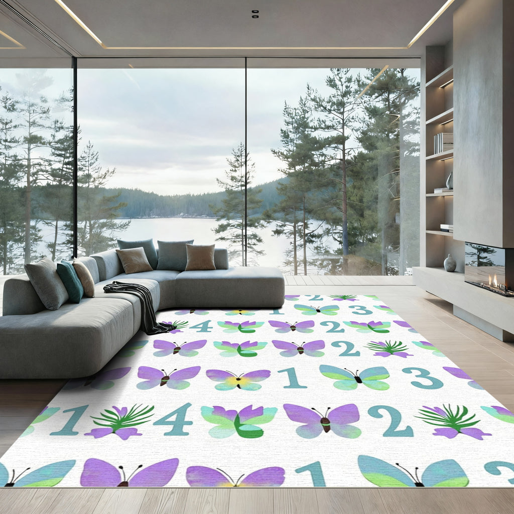 Lavender Butterflies And Teal Numbers Rug