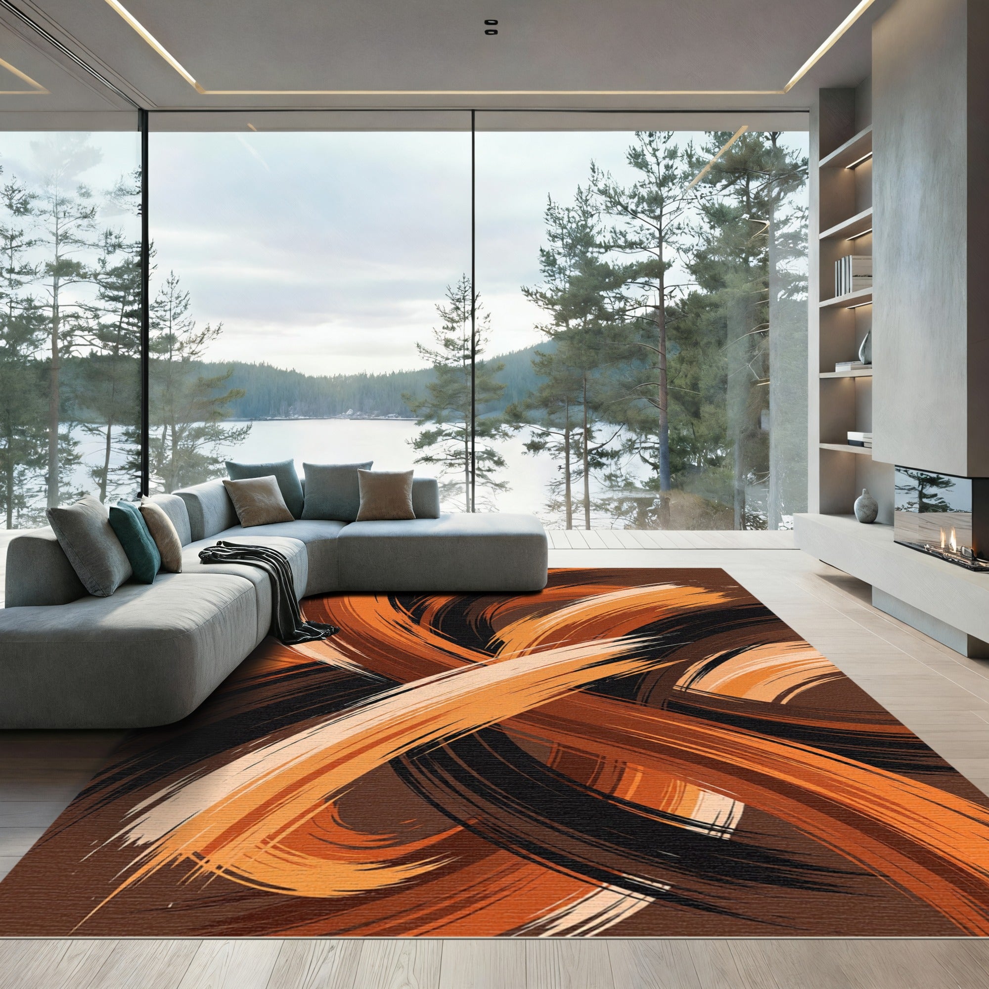 Abstract Cocoa Orange Swirl Rug