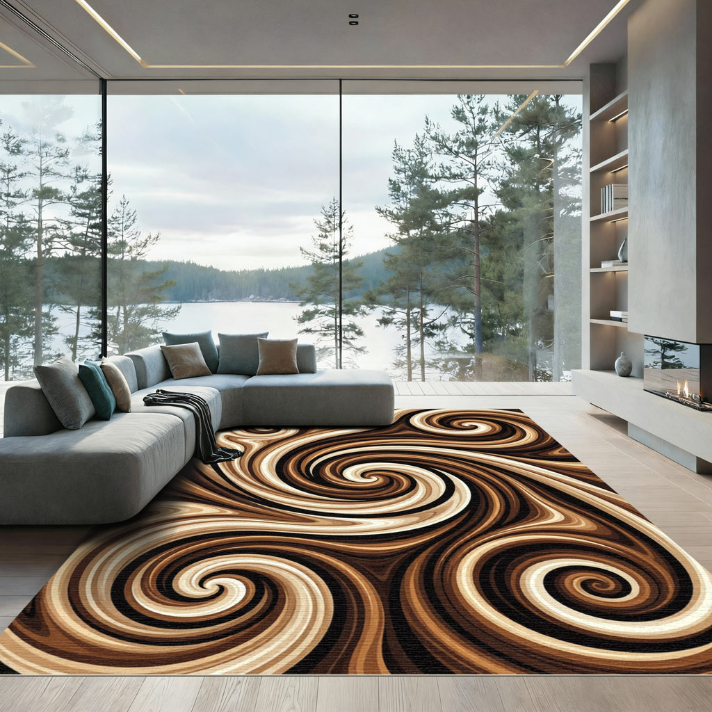 Brown Cream Swirl Abstract Rug