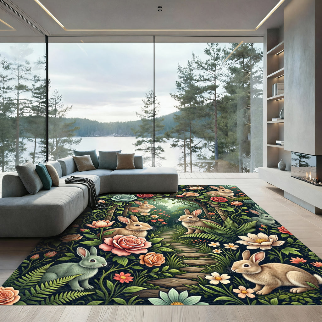 Enchanted Woodland Rabbit and Rose Garden Rug