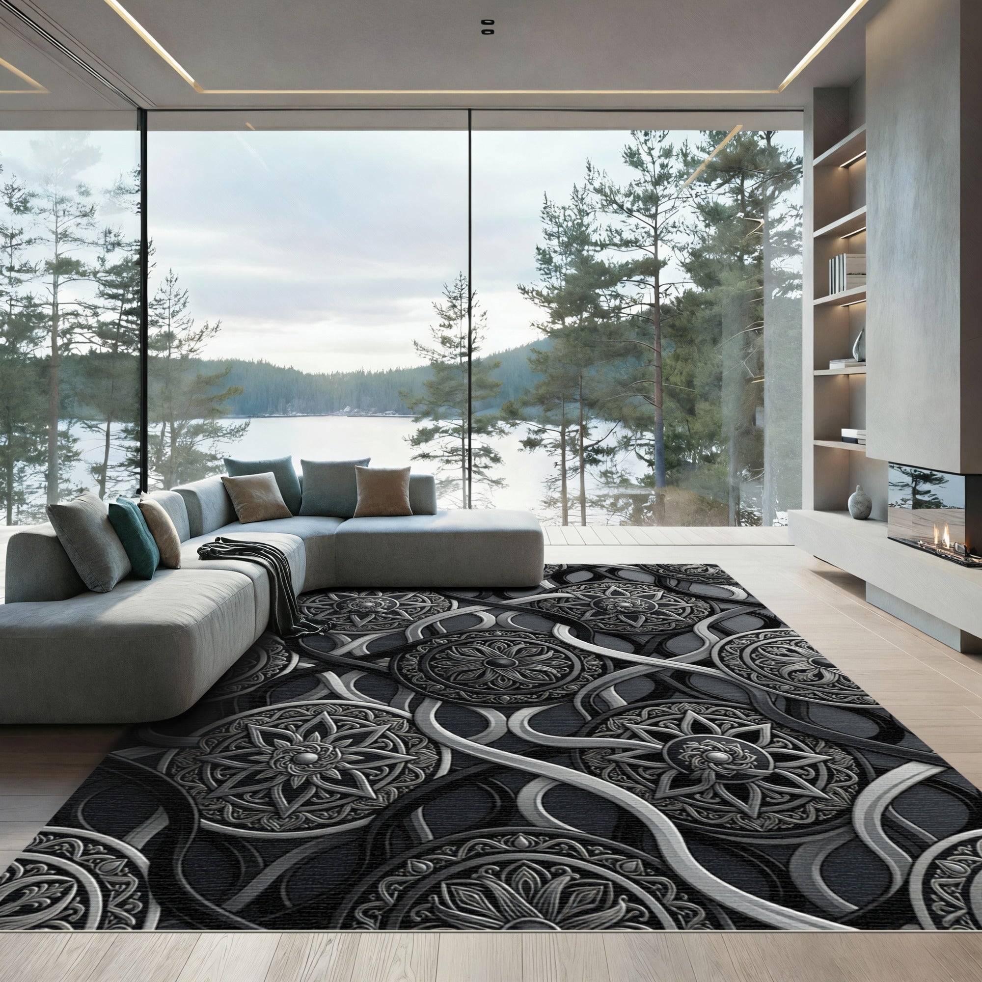 Ornate Silver Mandala Interlocking Ribbons Rug