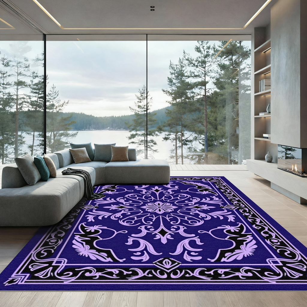 Deep Blue Lilac Floral Medallion Frame Rug