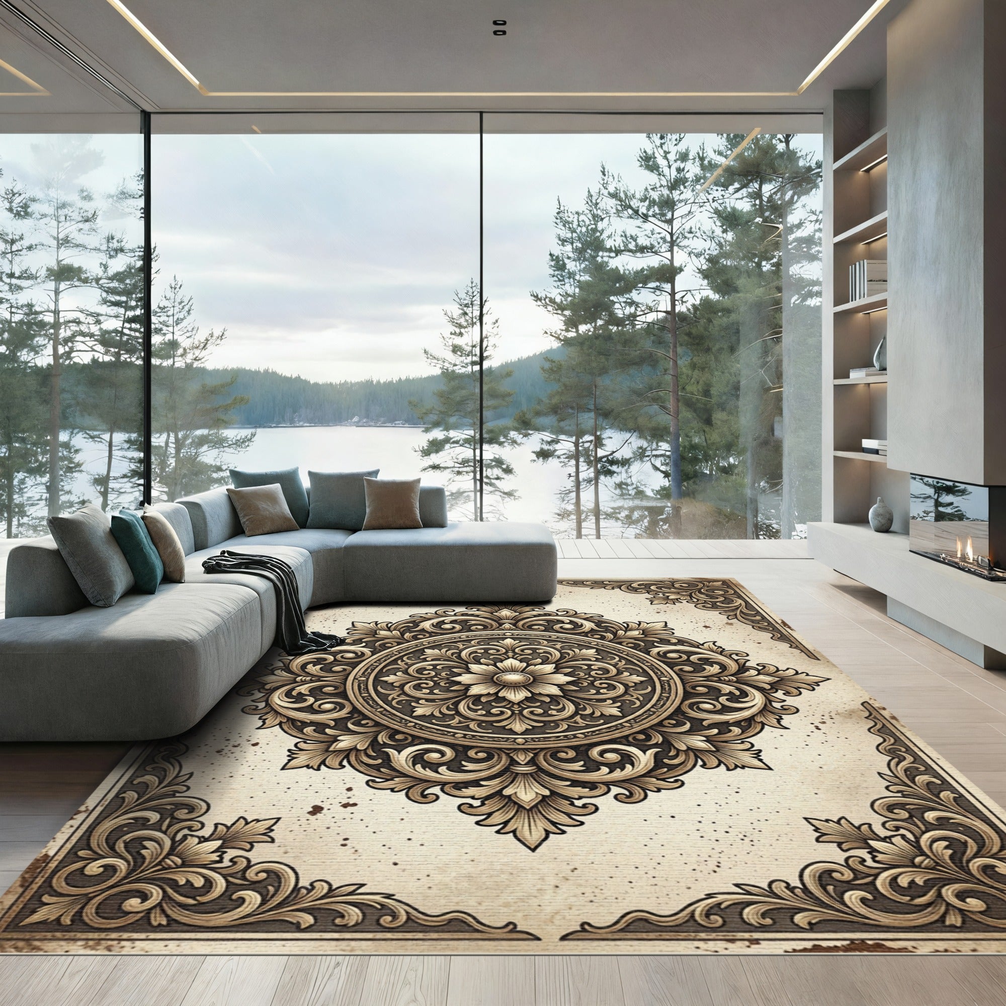 Antique Gold Scrollwork Floral Medallion Rug