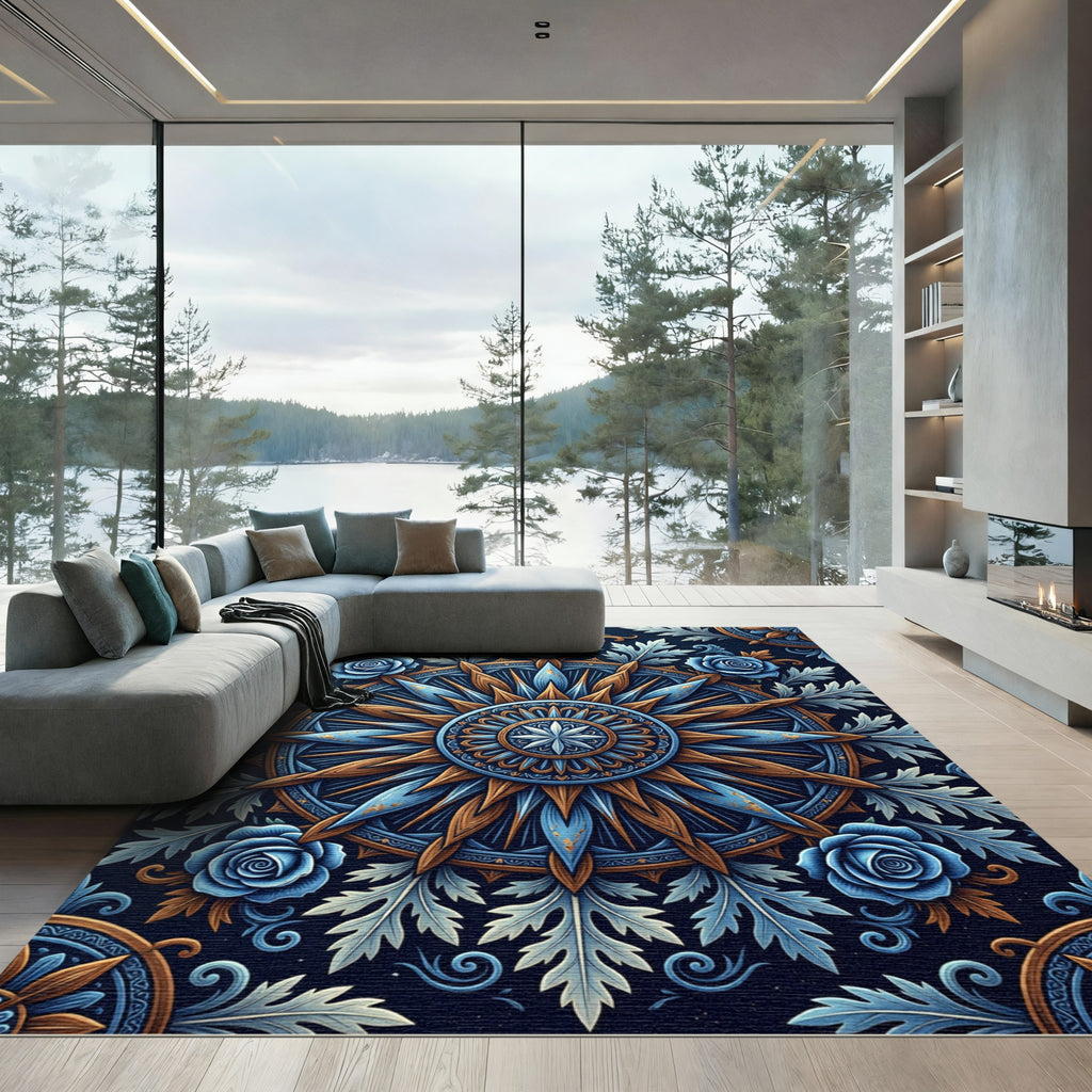 Embossed Blue Rose Gold Royal Medallion Rug